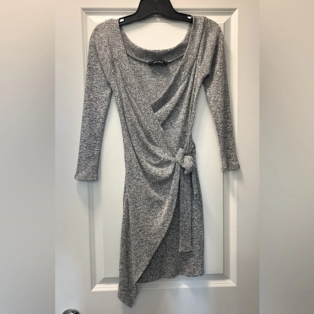 AKIRA V-Neck Tie Waist Mini Sweater Dress-Gray - Picture 1 of 8